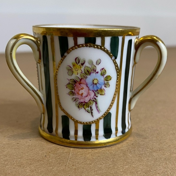 Vtg  Hand Painted Nippon Tri Handled Green and White Striped Toothpick Holder - Picture 3 of 6